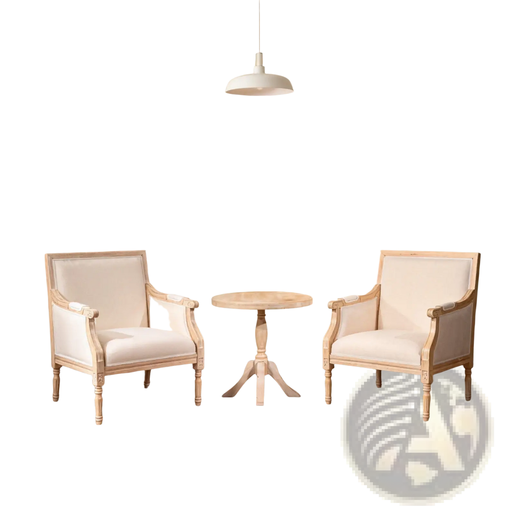 Pair of cream upholstered french accent chairs with light distressed wood frames and linen armchair fabric