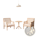 Pair of cream upholstered french accent chairs with light distressed wood frames and linen armchair fabric