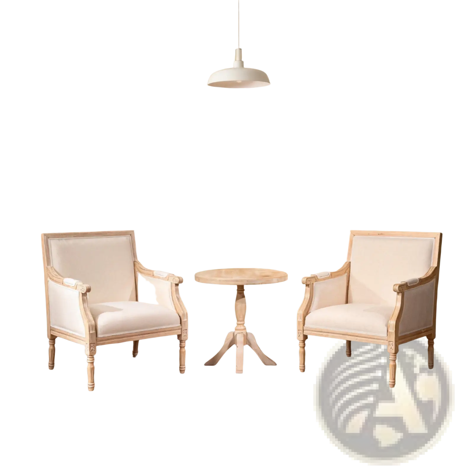 Pair of cream upholstered french accent chairs with light distressed wood frames and linen armchair fabric
