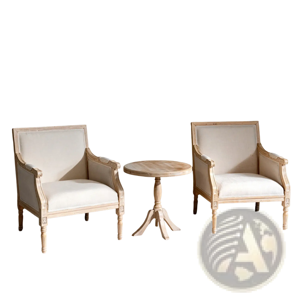 Pair of French accent chairs with distressed light wood frames and off-white linen upholstered seats and backs