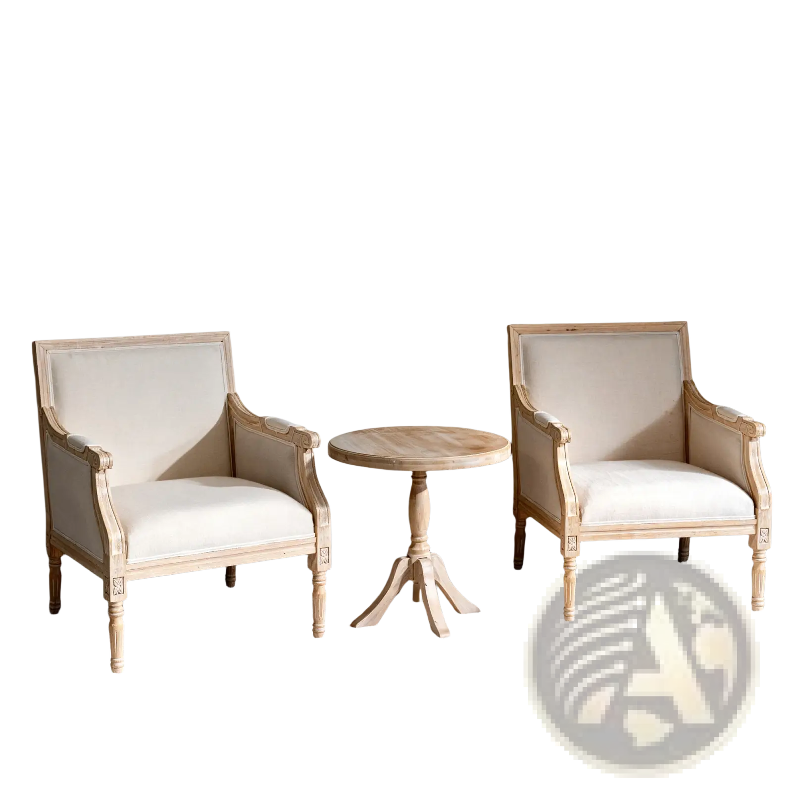 Pair of French accent chairs with distressed light wood frames and off-white linen upholstered seats and backs