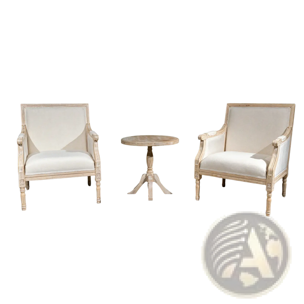 Pair of french accent chairs with cream linen upholstery and distressed light wood frames for elegant seating