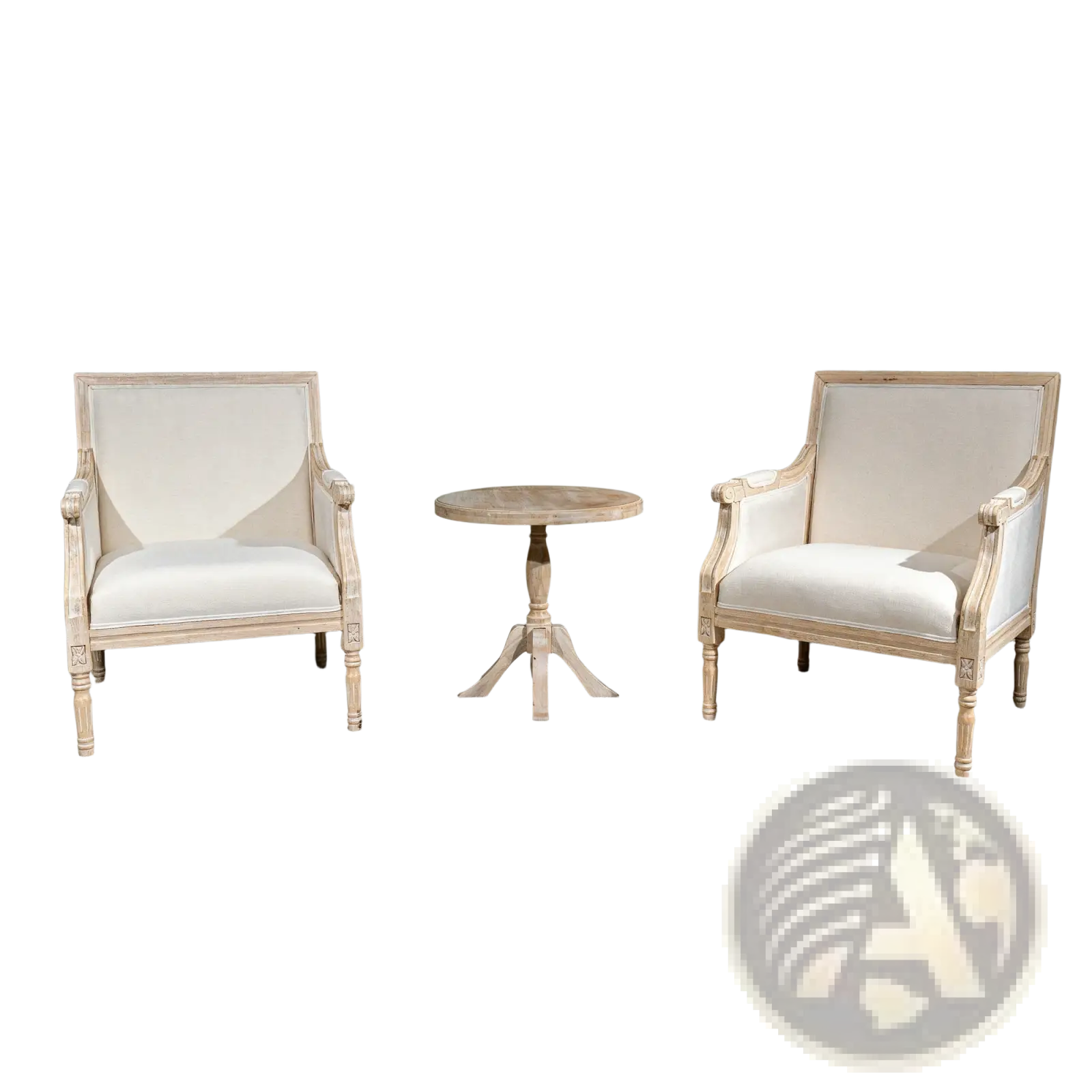 Pair of french accent chairs with cream linen upholstery and distressed light wood frames for elegant seating