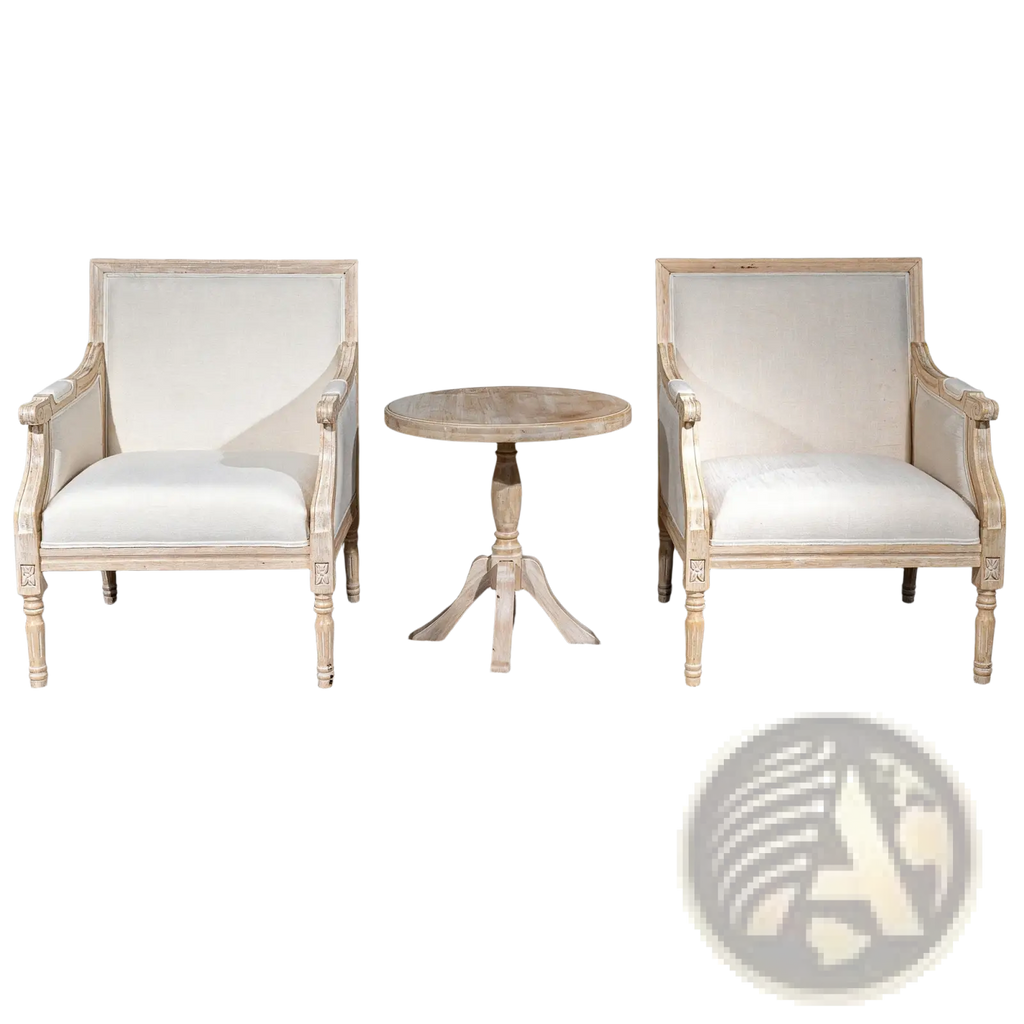 Pair of french accent cream upholstered armchairs with distressed wood frames and ornate carvings