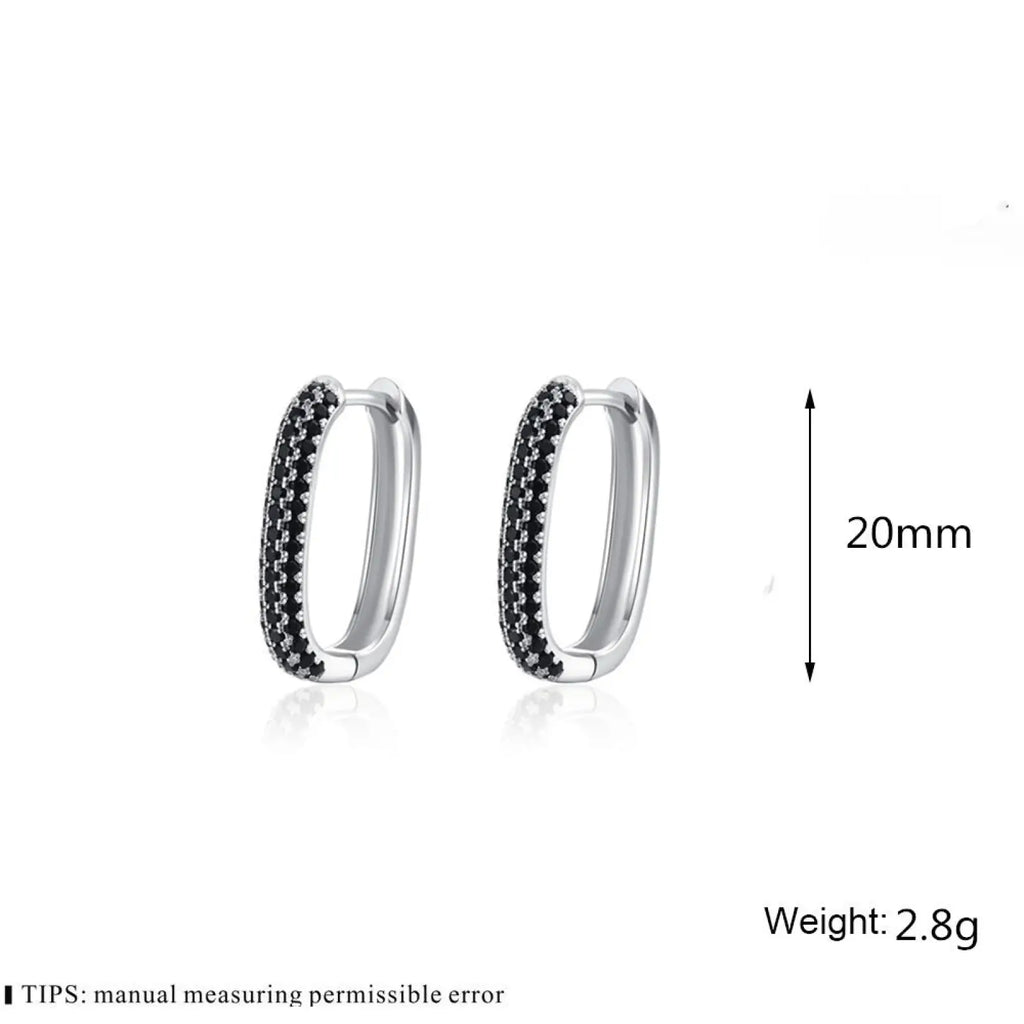 French black zircon silver hoop earrings featuring two rows of black cubic zirconia stones on silver hoops