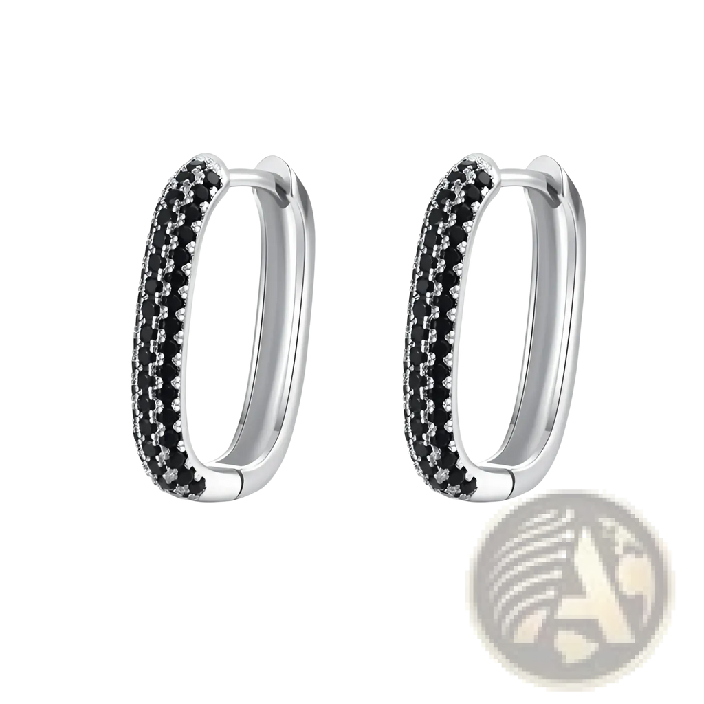 Silver French black zircon huggie hoop earrings adorned with two rows of black and clear cubic zirconia stones