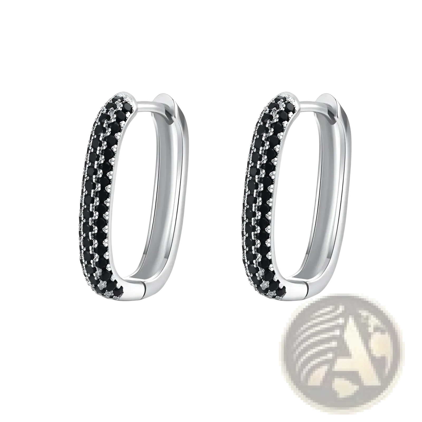 Silver French black zircon huggie hoop earrings adorned with two rows of black and clear cubic zirconia stones
