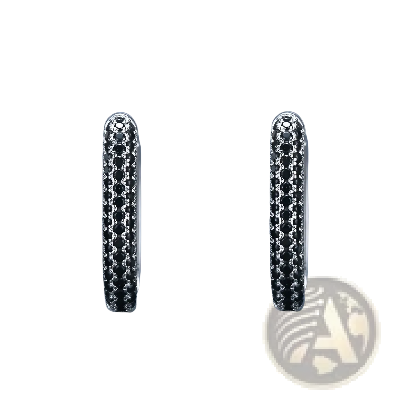 Silver hoop earrings with a dense row of black cubic zirconia stones called french black zircon silver hoop earrings