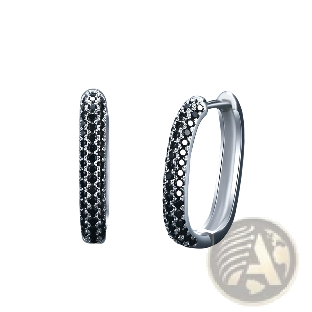 Silver hoop earrings featuring a dense row of black cubic zirconia stones in a French black zircon design