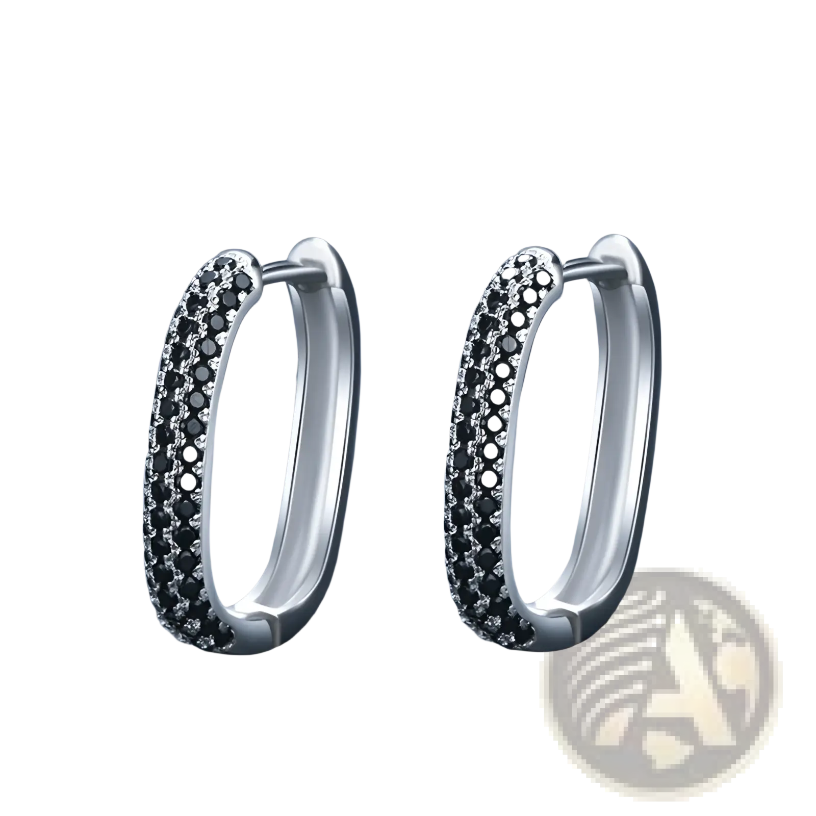 Silver hoop earrings featuring two rows of black cubic zirconia stones french black zircon design