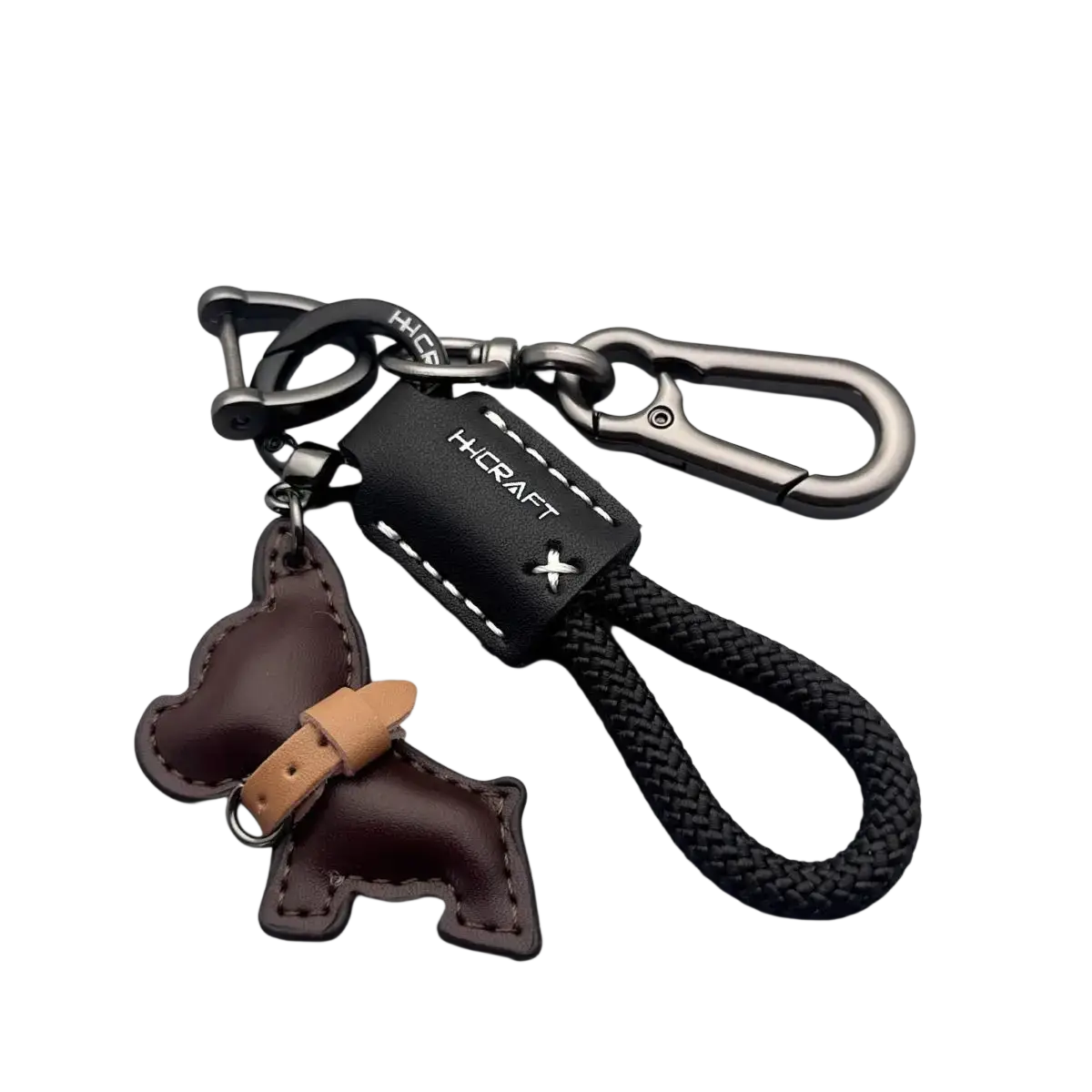 Black leather french bulldog keychain featuring a brown dog charm and braided black cord for everyday use