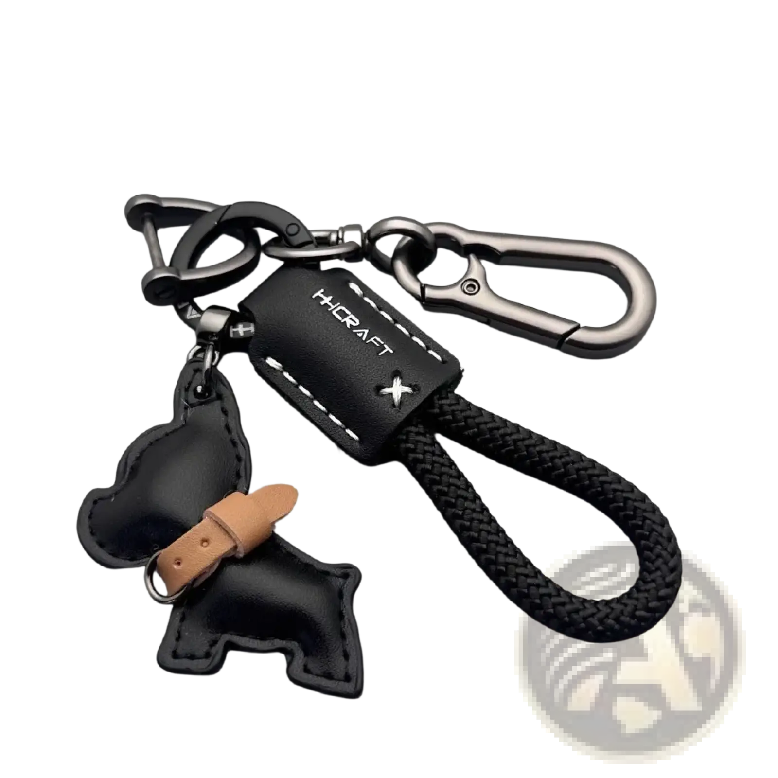Black leather French Bulldog keychain with braided cord, metal carabiner clips, and tan leather dog charm