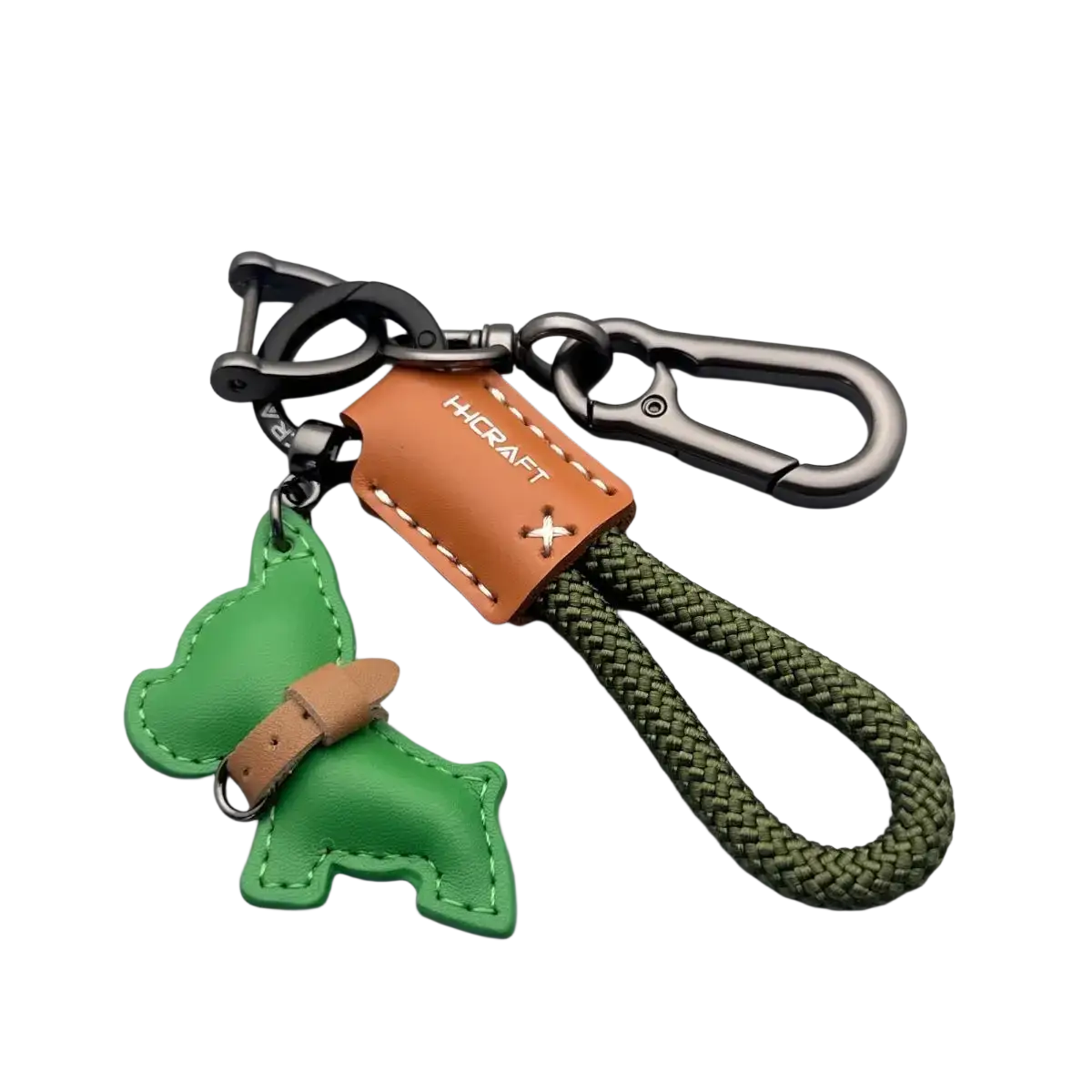 French bulldog leather keychain in green with tan collar detail attached to braided olive green rope and metal hardware