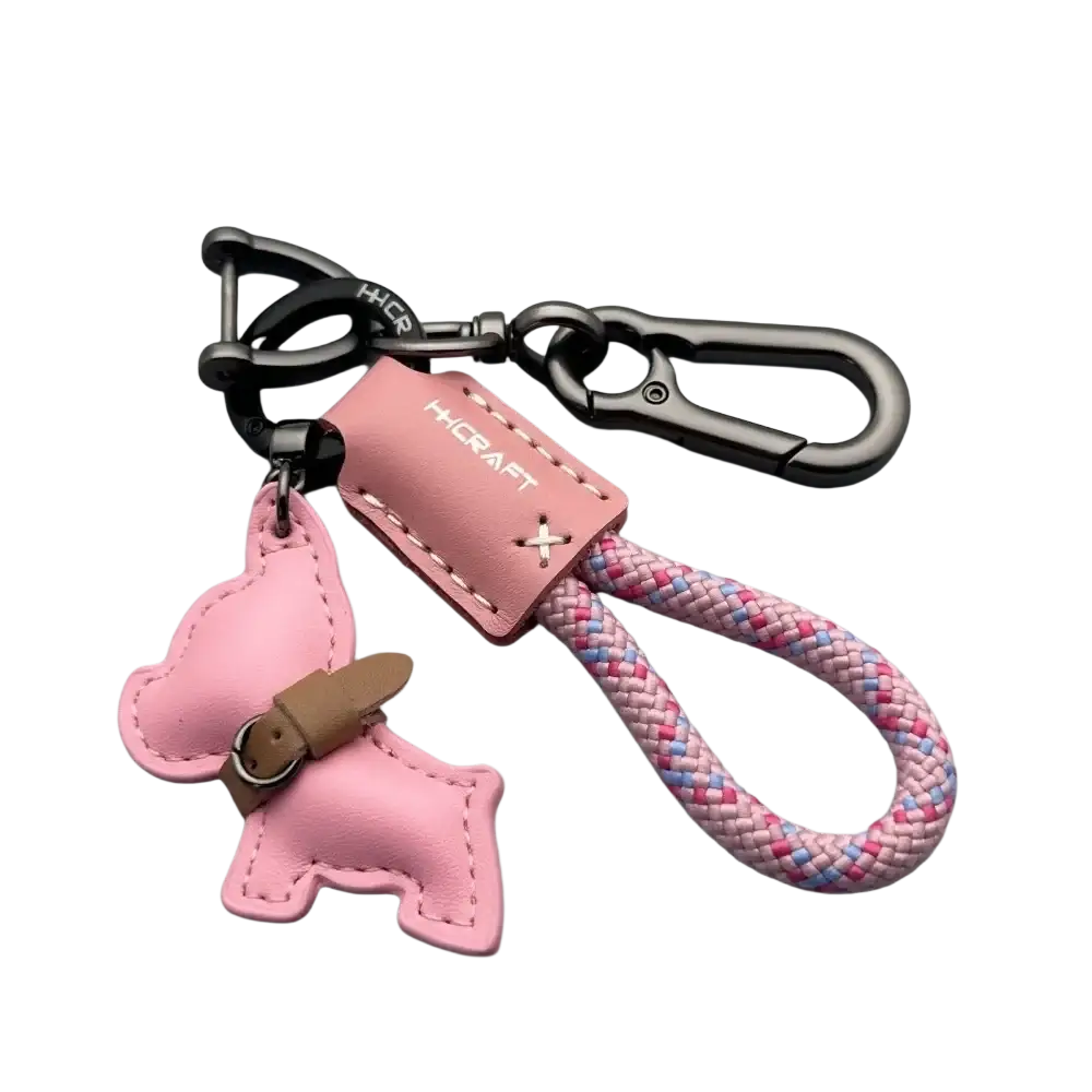 Pink leather french bulldog keychain with braided pink blue and white rope strap for keys or accessories
