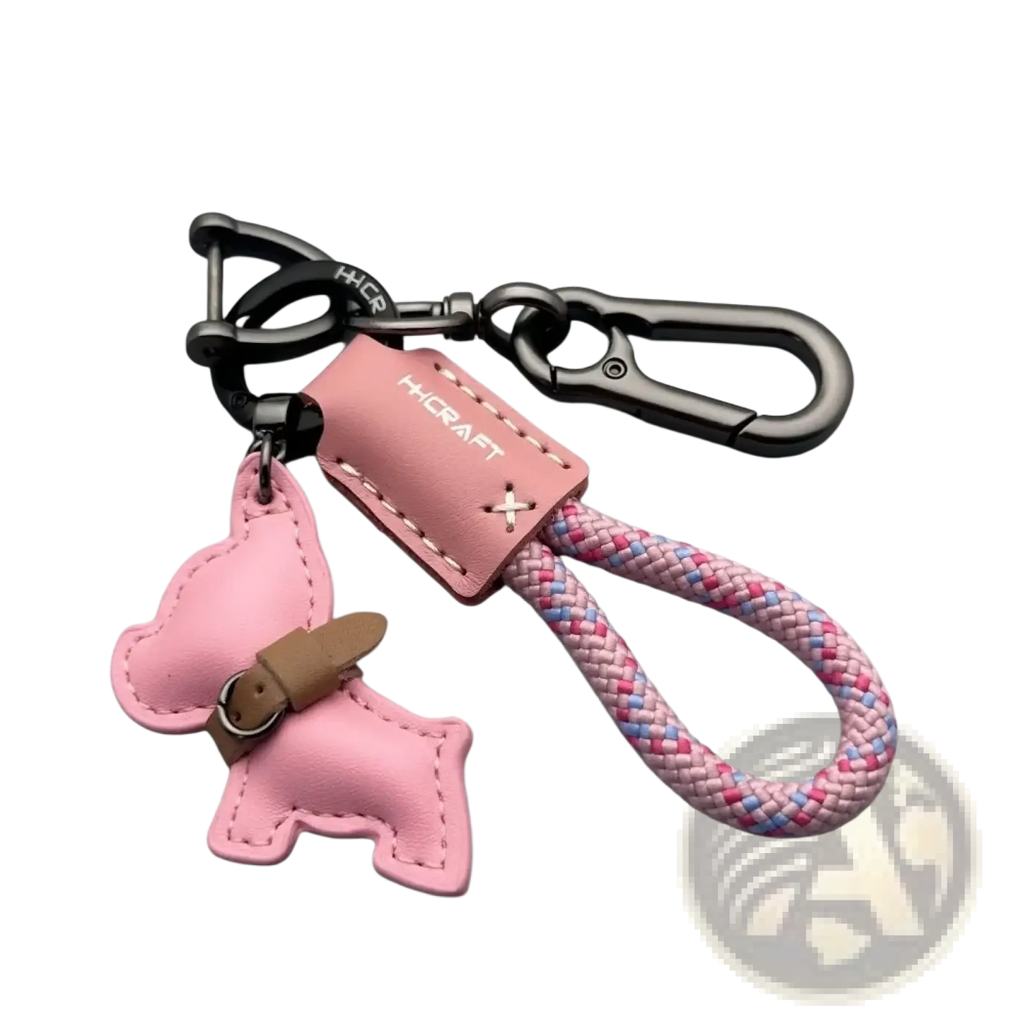 Pink leather french bulldog keychain with braided pink blue and white rope strap for keys or accessories