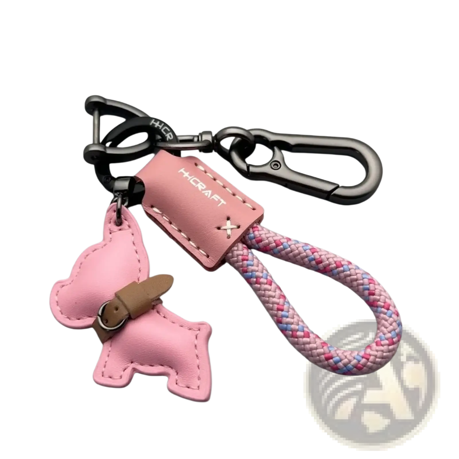 Pink leather french bulldog keychain with braided pink blue and white rope strap for keys or accessories