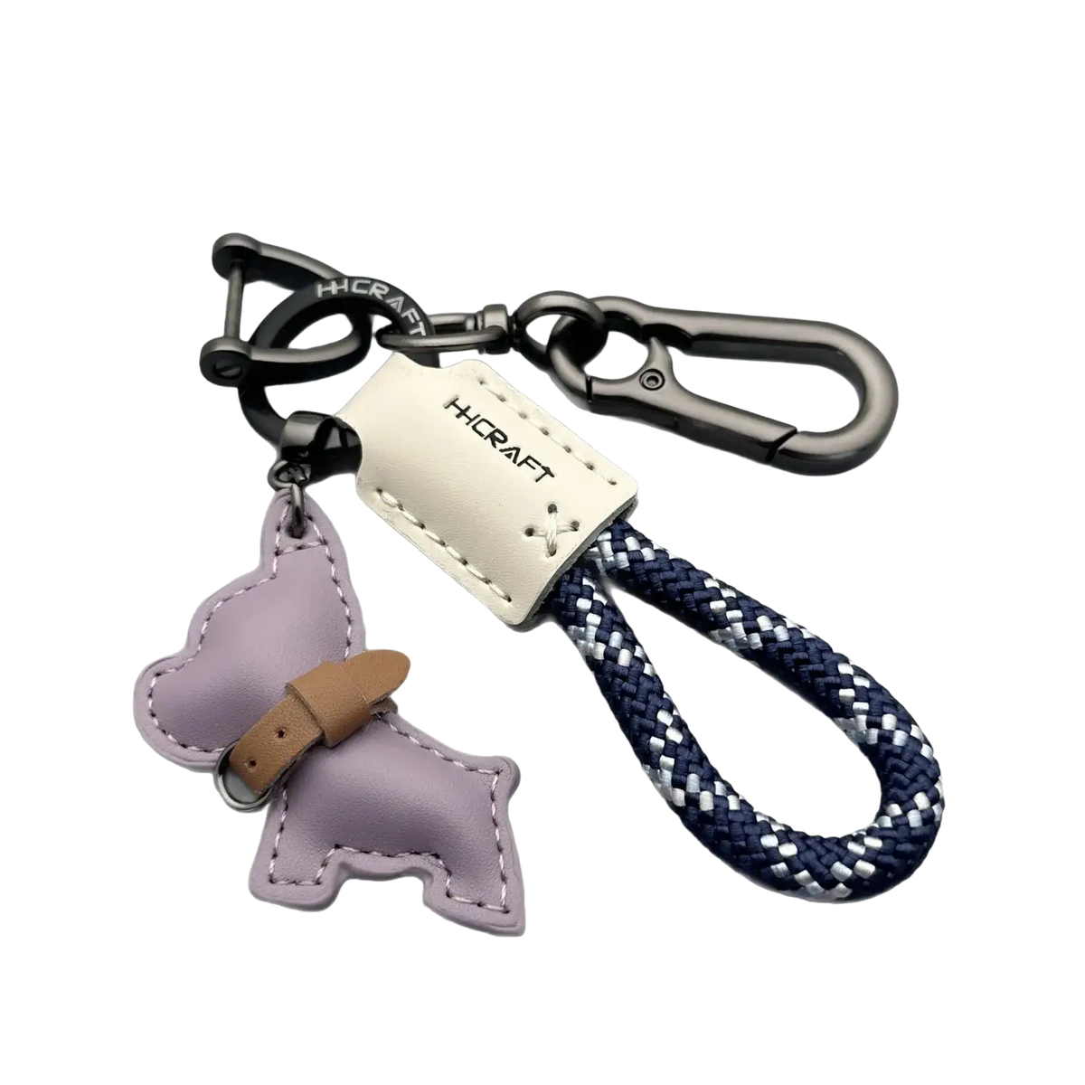 Purple leather French bulldog keychain with braided navy and white rope loop metal hardware and branded tag