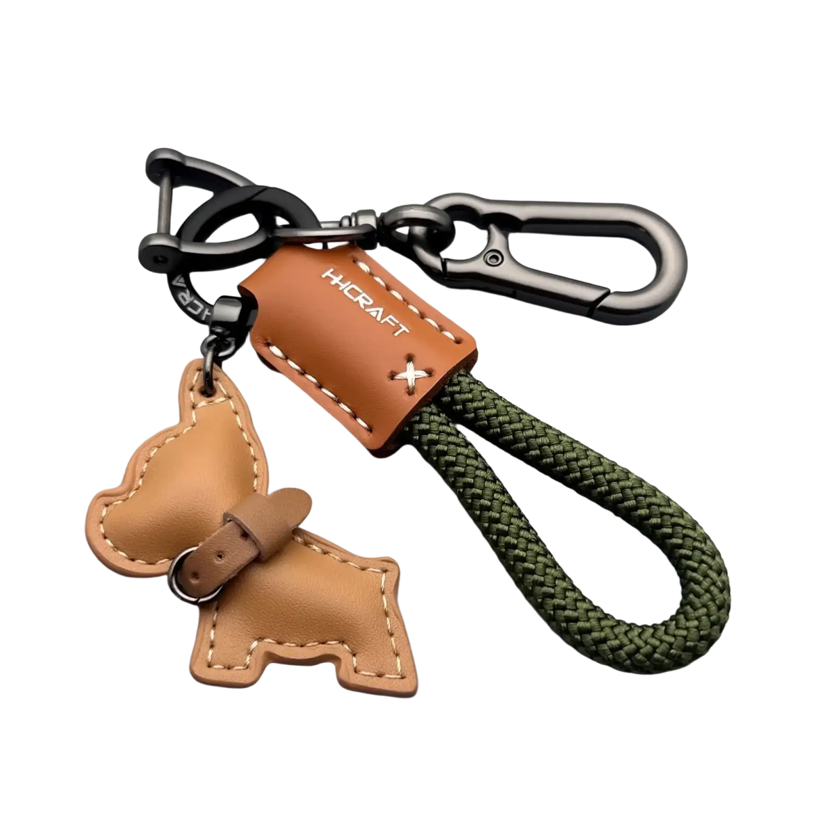 Tan leather french bulldog keychain with olive green braided cord and black metal hardware for keys or bags