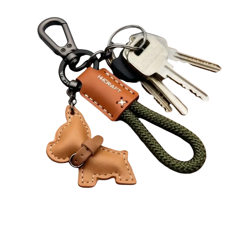 Tan leather French Bulldog keychain with stitched details and black carabiner attached to olive green braided cord