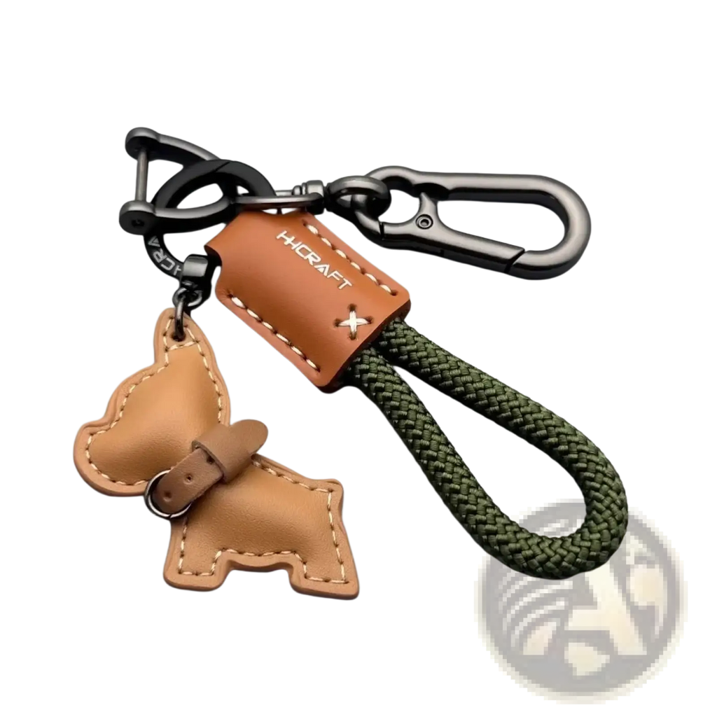 French bulldog leather keychain in tan with olive green braided rope and black metal hardware for keys