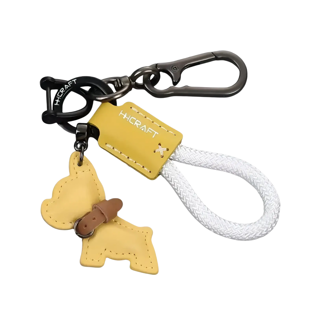 Yellow leather French Bulldog keychain with brown collar, white braided rope loop, and black metal carabiner clip