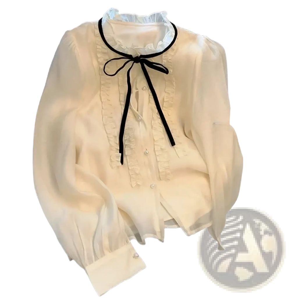 Cream-colored French chic lace bow tie blouse with delicate ruffled collar and black satin ribbon tie