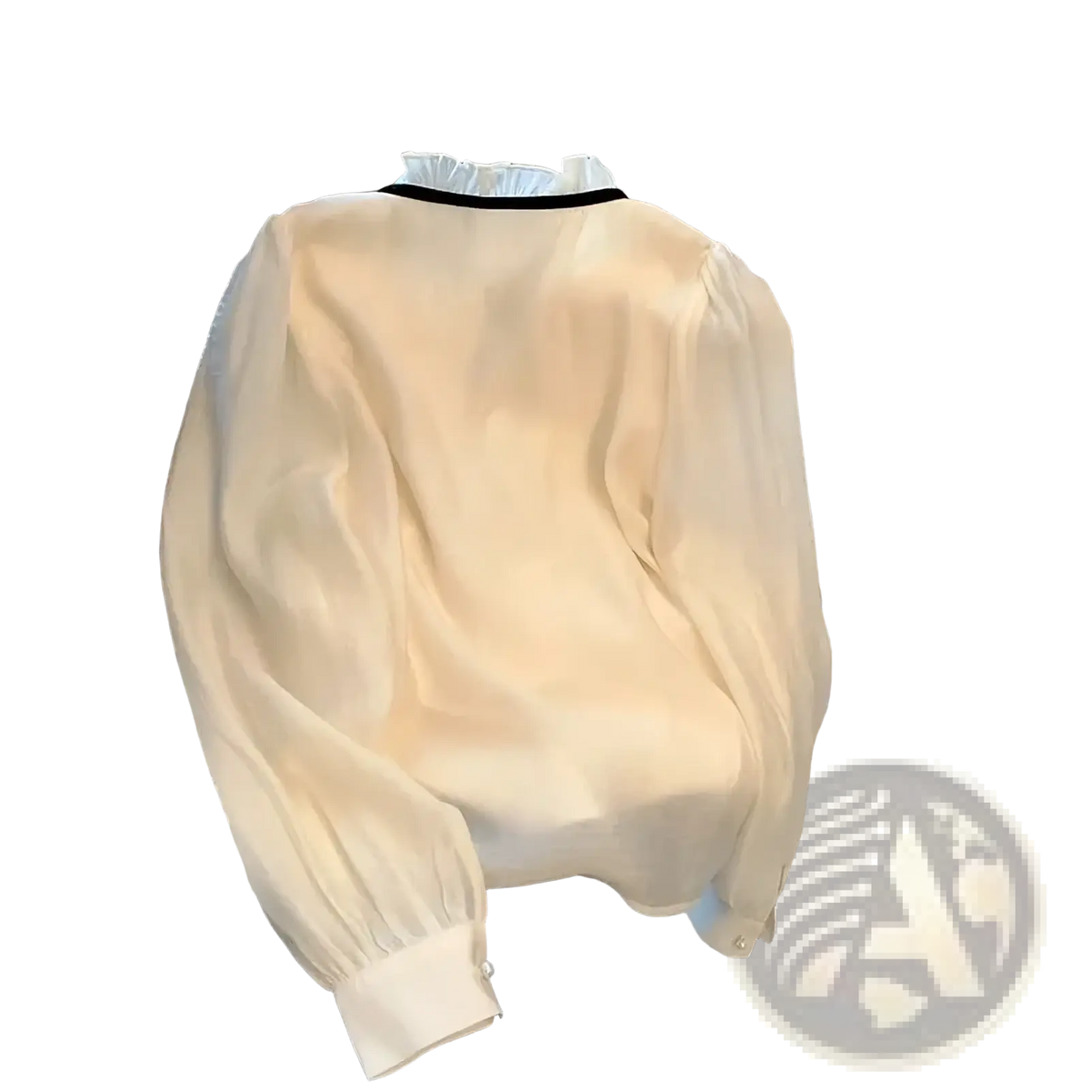 Cream-colored sheer lace blouse with black trim and ruffled collar in French chic lace bow tie blouse style