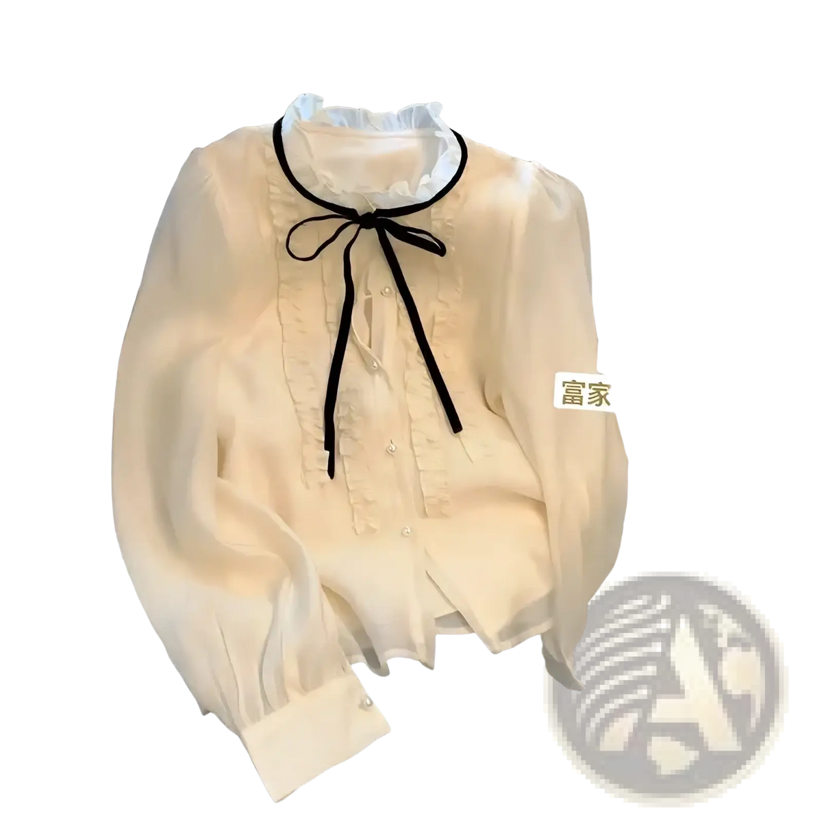 A delicate ivory French chic lace bow tie blouse with ruffled collar sheer long sleeves and subtle front pleating