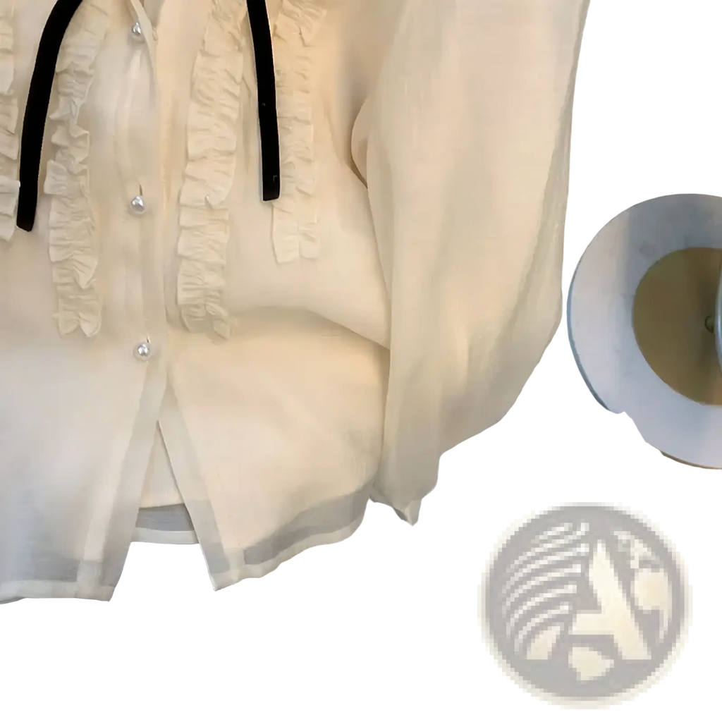 French chic lace bow tie blouse in off-white with ruffled details black drawstrings and pearl-like buttons