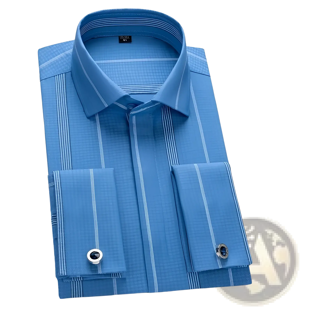 French cuff dress shirt in crisp blue stripes with subtle textured weave and matching cufflinks for formal wear