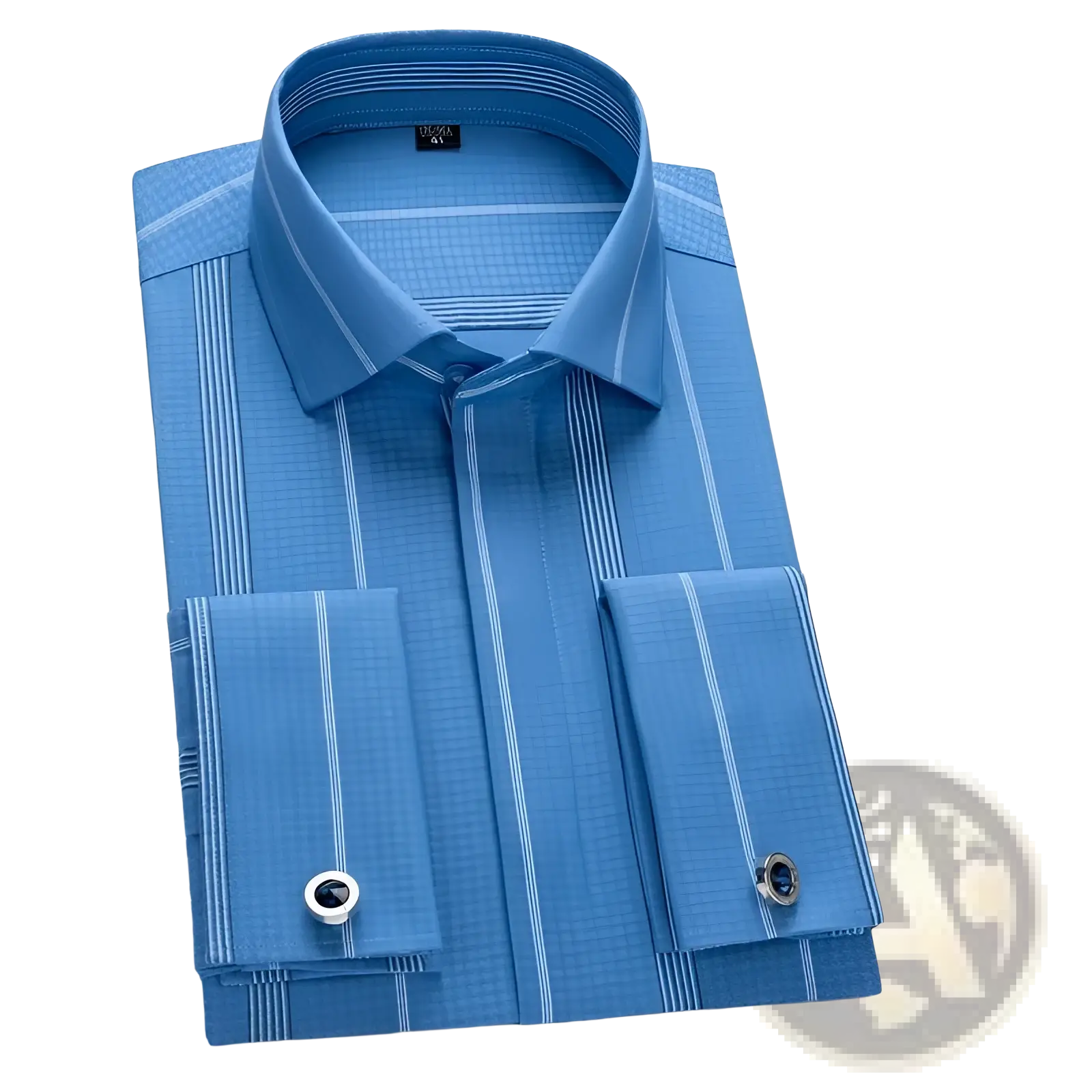 French cuff dress shirt in crisp blue stripes with subtle textured weave and matching cufflinks for formal wear