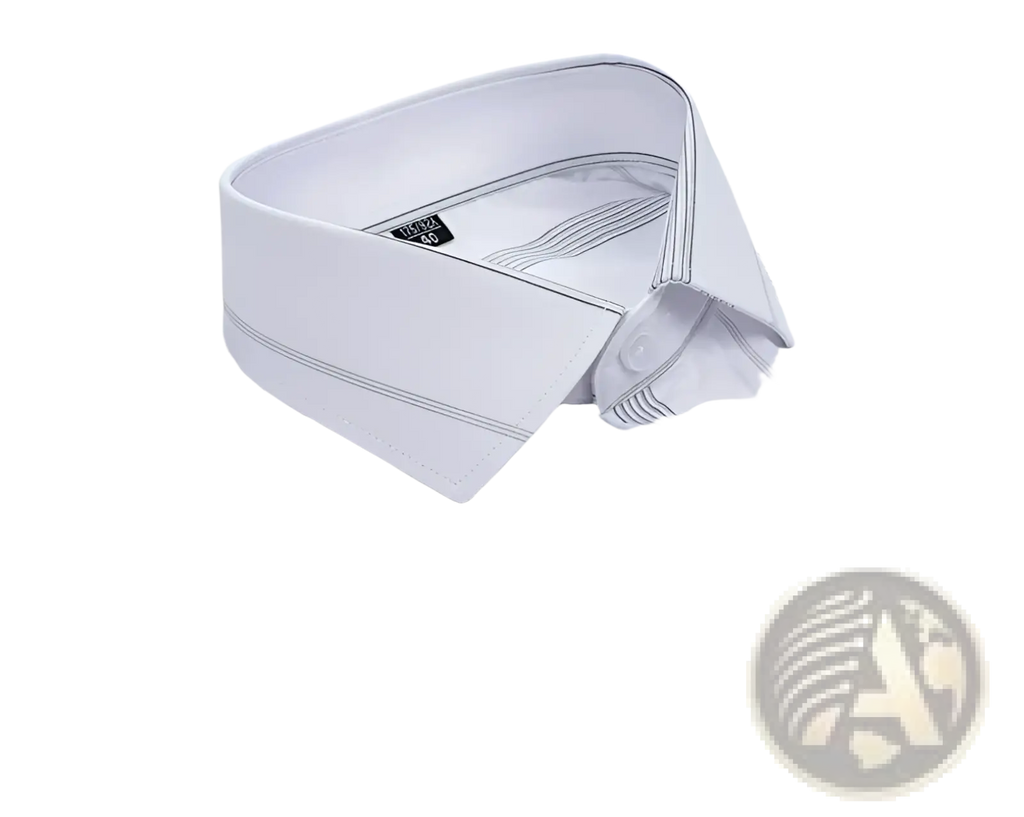 French cuff dress shirt in crisp white with subtle gray pinstripes and a neatly folded collar