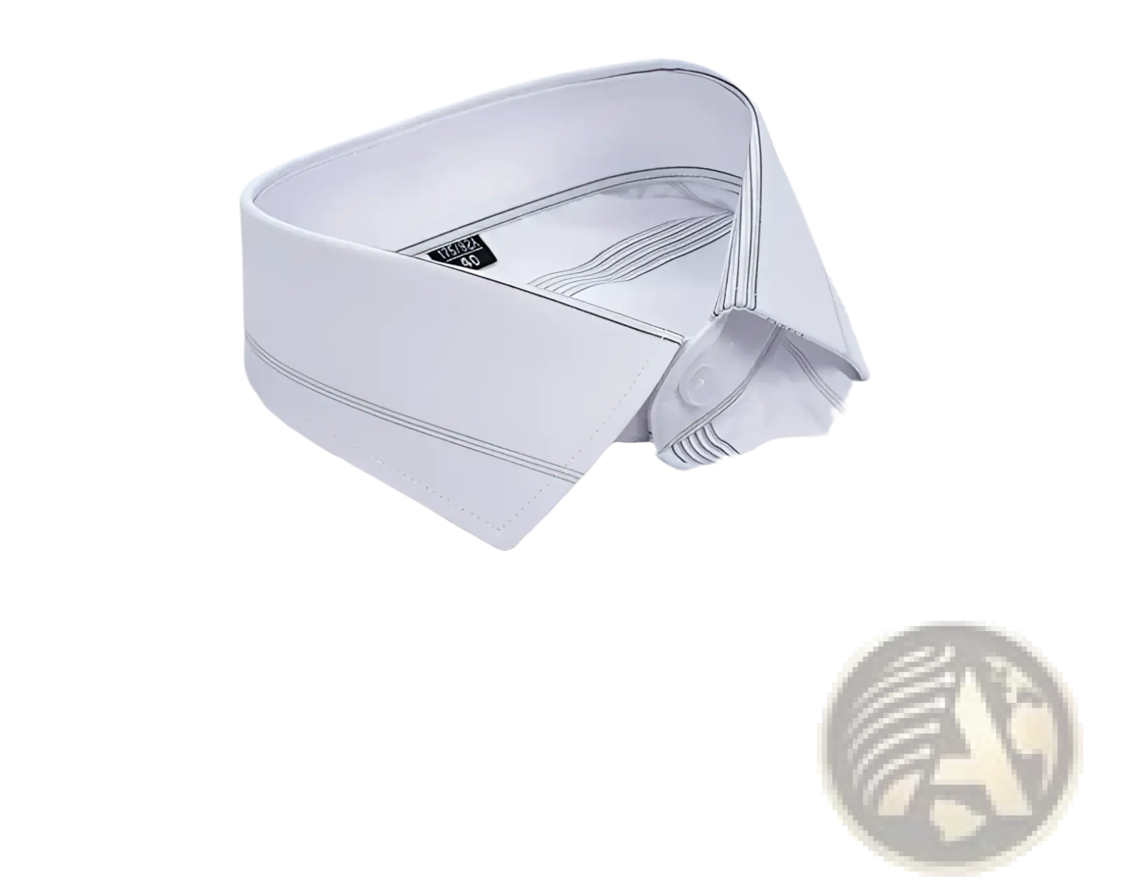 French cuff dress shirt in crisp white with subtle gray pinstripes and a neatly folded collar