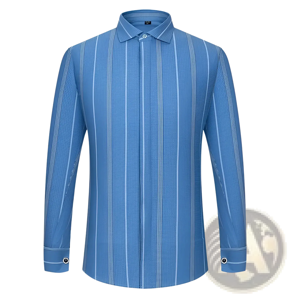 A men’s light blue french cuff dress shirt with thin white stripes, classic collar, and cufflinks