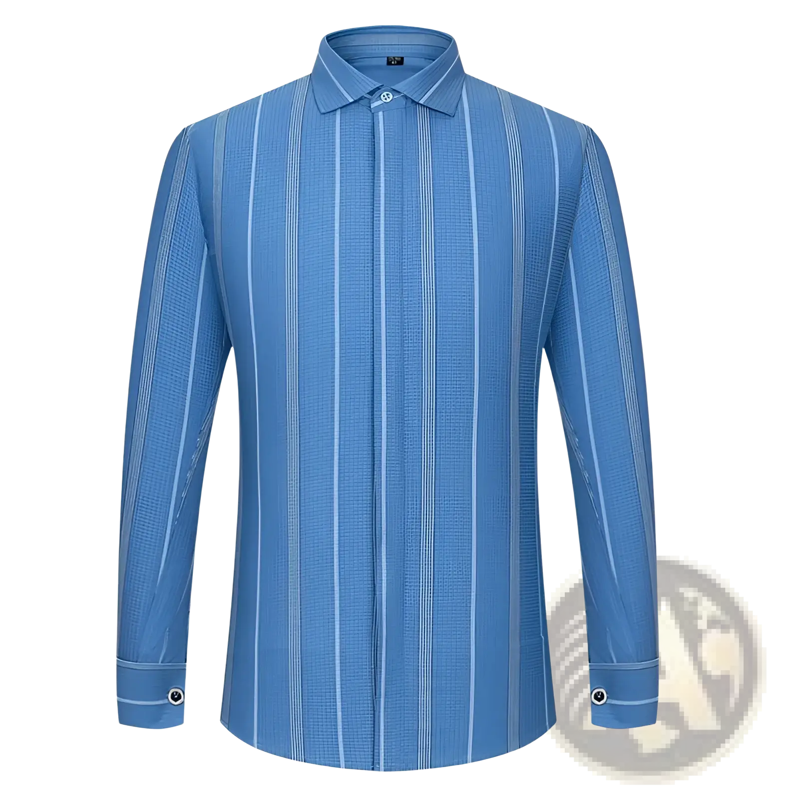 A men’s light blue french cuff dress shirt with thin white stripes, classic collar, and cufflinks