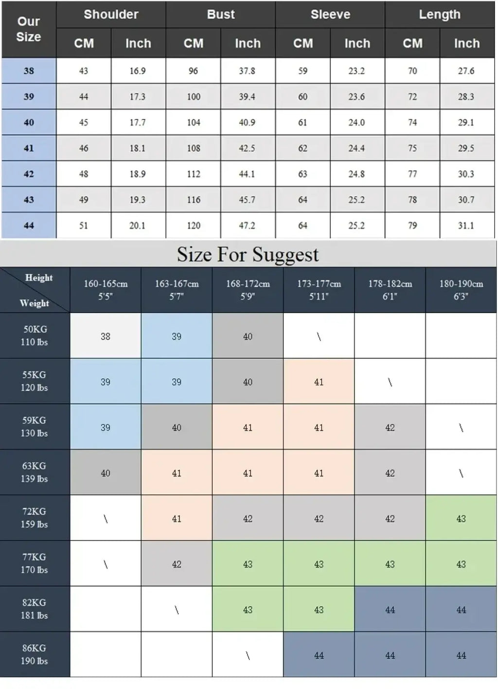 Size chart for french cuff dress shirt with cufflinks showing measurements in centimeters and inches by size and fit