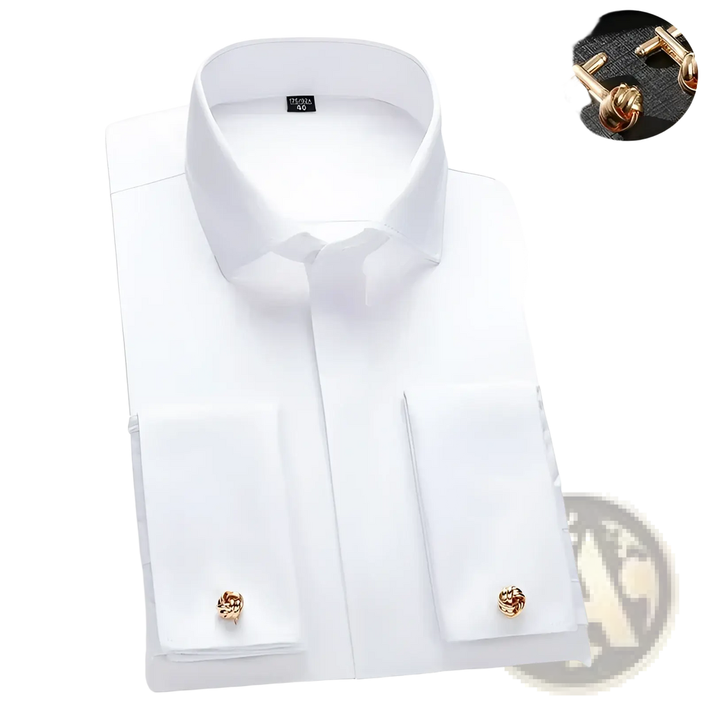 White French cuff dress shirt featuring gold-colored knotted cufflinks for formal or business wear