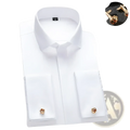 White French cuff dress shirt featuring gold-colored knotted cufflinks for formal or business wear