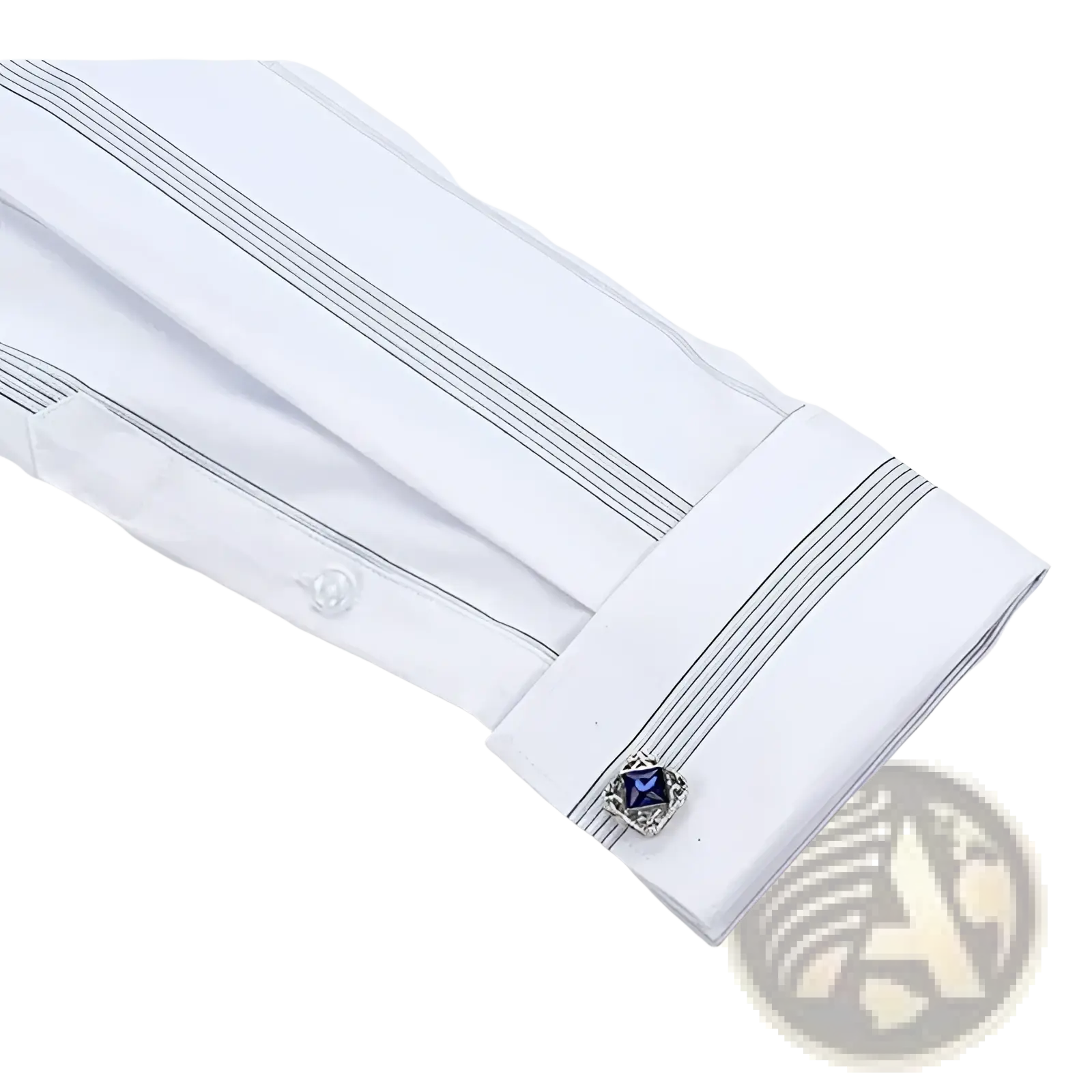 French cuff dress shirt in white with fine black pinstripes and silver cufflink featuring a square blue gemstone