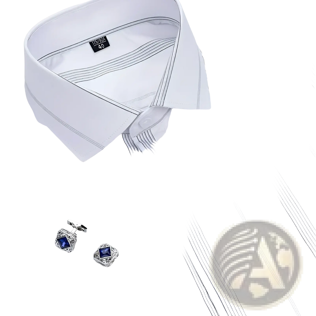 French cuff dress shirt in white with fine black pinstripes and elegant blue gemstone cufflinks on crisp collar