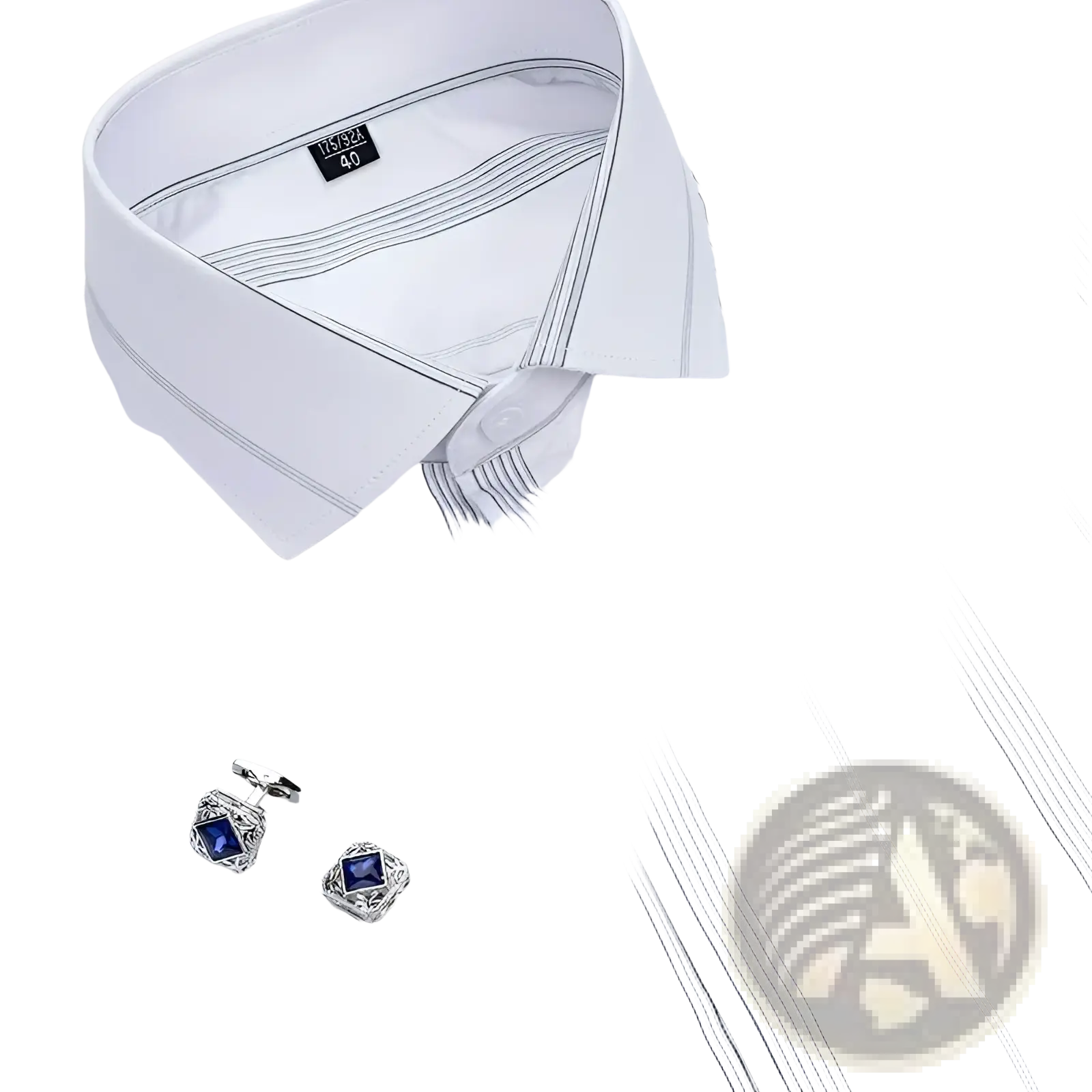 French cuff dress shirt in white with fine black pinstripes and elegant blue gemstone cufflinks on crisp collar