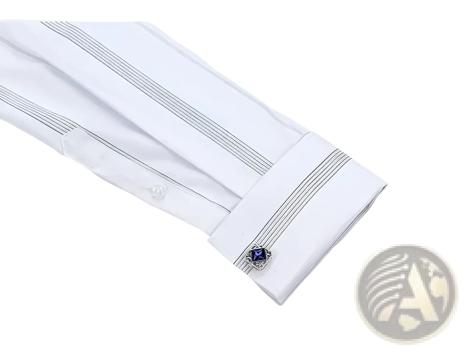 French cuff dress shirt with white fine gray pinstripes and navy blue square cufflinks in silver frame