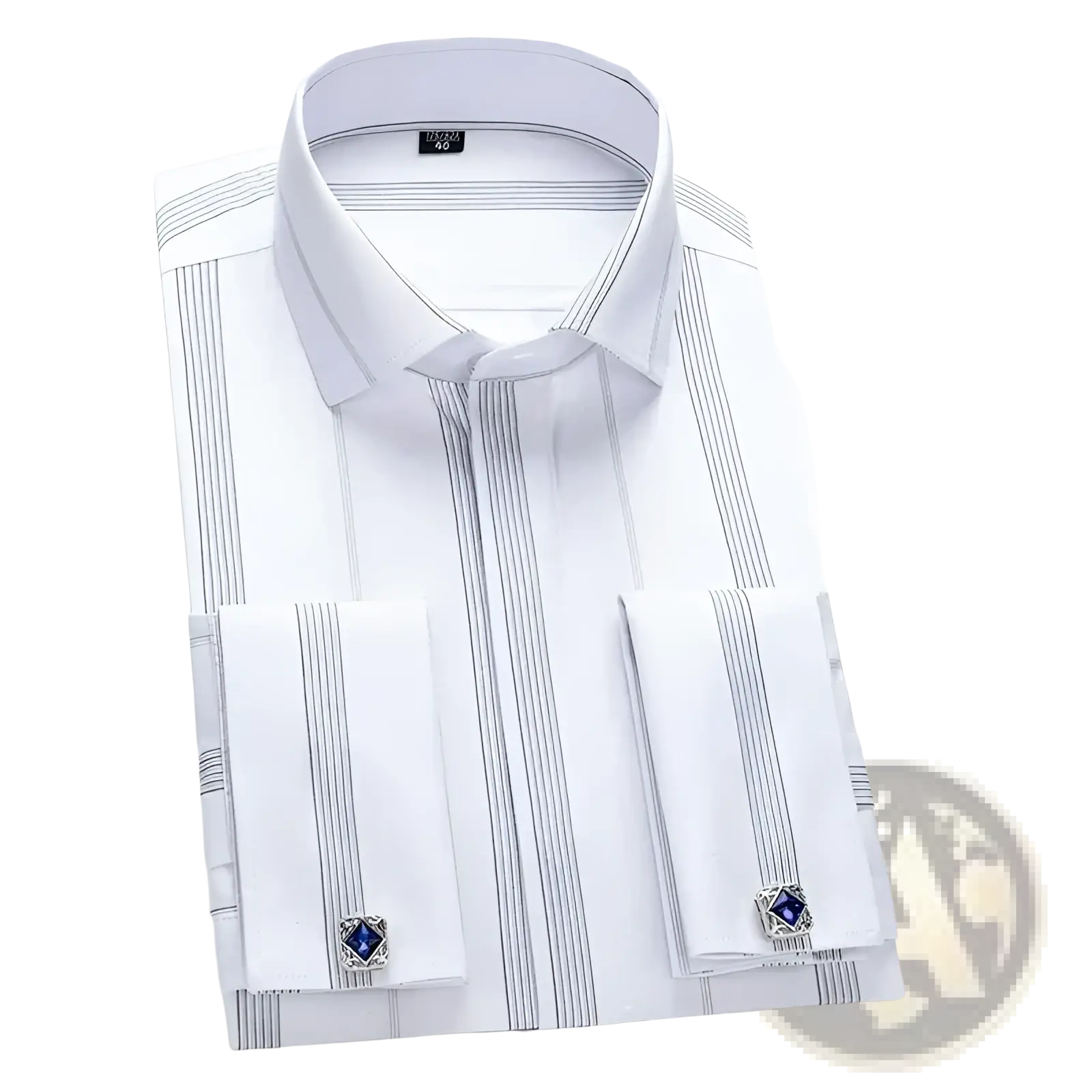 French cuff dress shirt with fine gray vertical stripes and matching silver-toned cufflinks with blue gemstones
