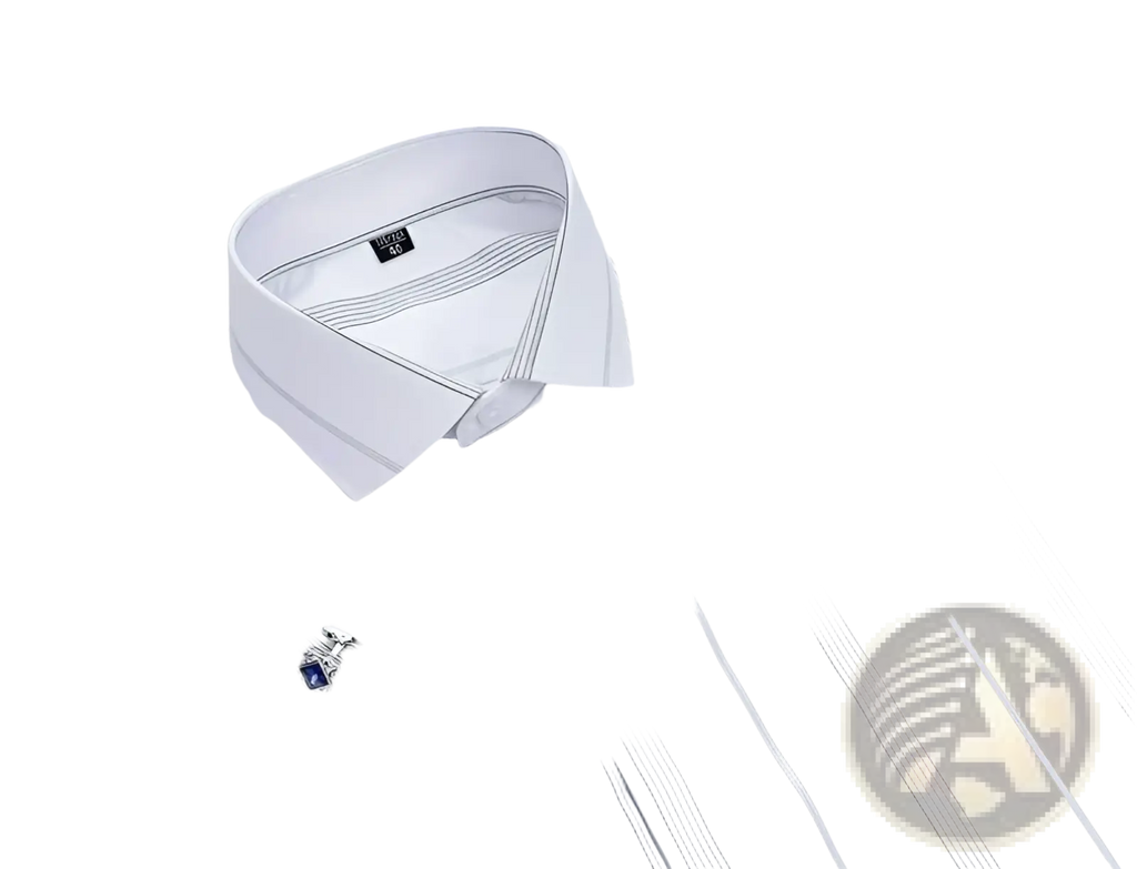 French cuff dress shirt in white with fine gray vertical stripes and silver cufflinks featuring blue gemstones
