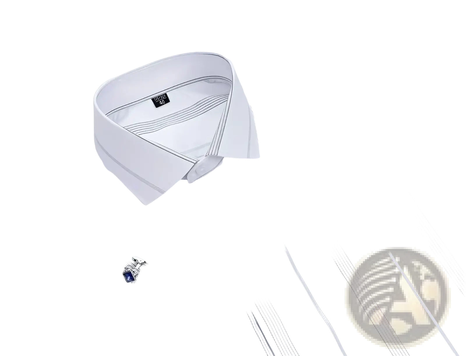French cuff dress shirt in white with fine gray vertical stripes and silver cufflinks featuring blue gemstones