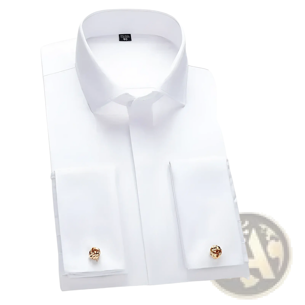 White french cuff dress shirt featuring gold-colored knotted cufflinks for formal occasions