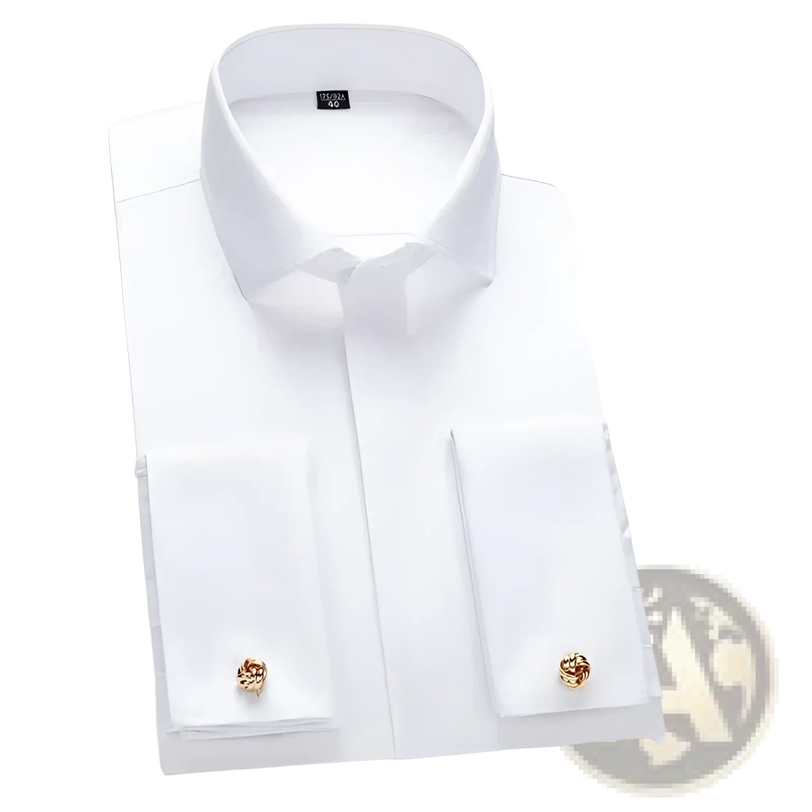 White french cuff dress shirt featuring gold-colored knotted cufflinks for formal occasions