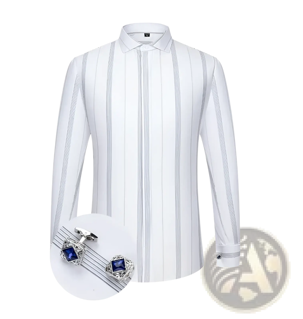 White french cuff dress shirt with vertical gray stripes and silver cufflinks featuring blue square stones