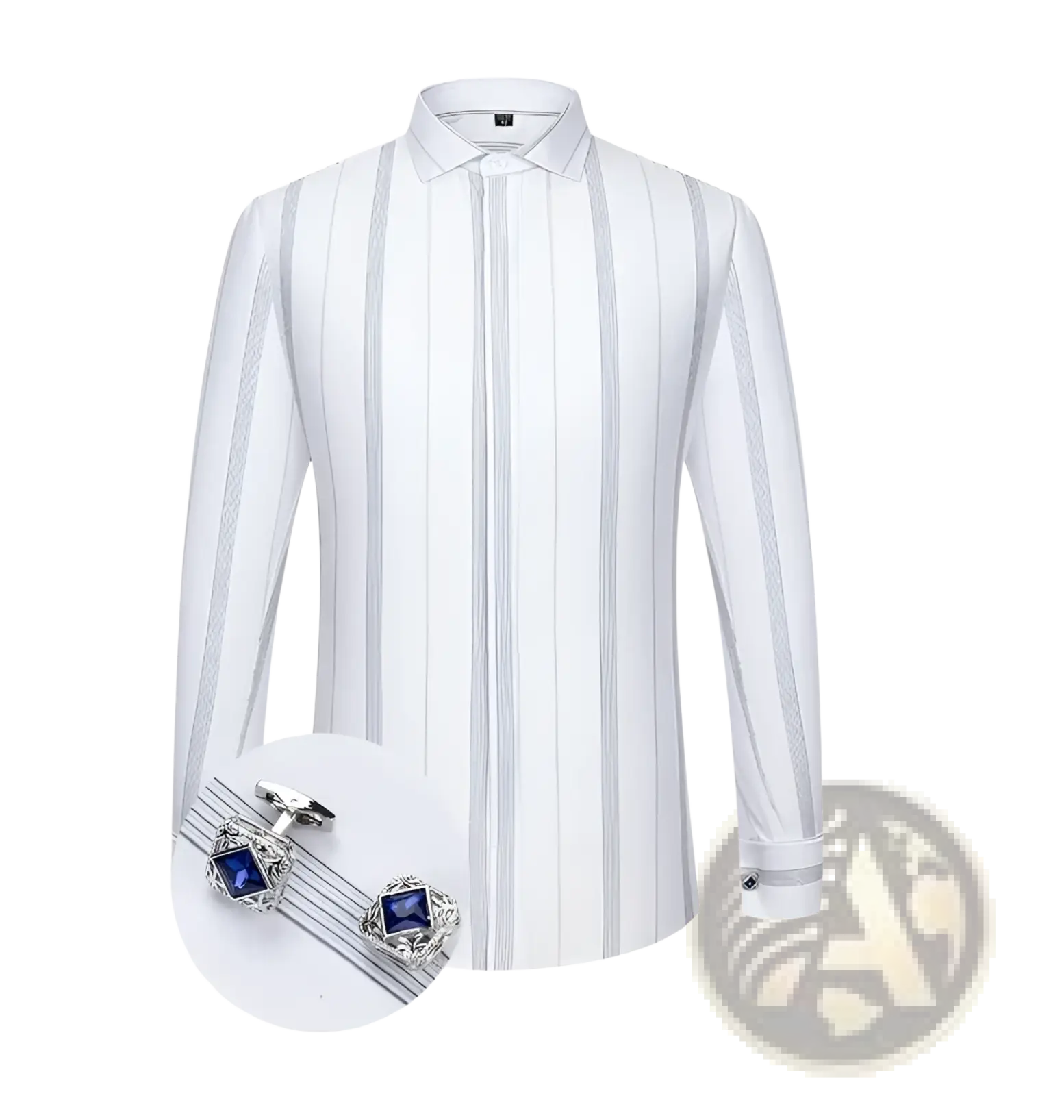 White french cuff dress shirt with vertical gray stripes and silver cufflinks featuring blue square stones