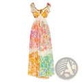 A flowing long-sleeved French Floral v neck ruffle maxi dress with vibrant orange pink and green floral pattern on off-white fabric